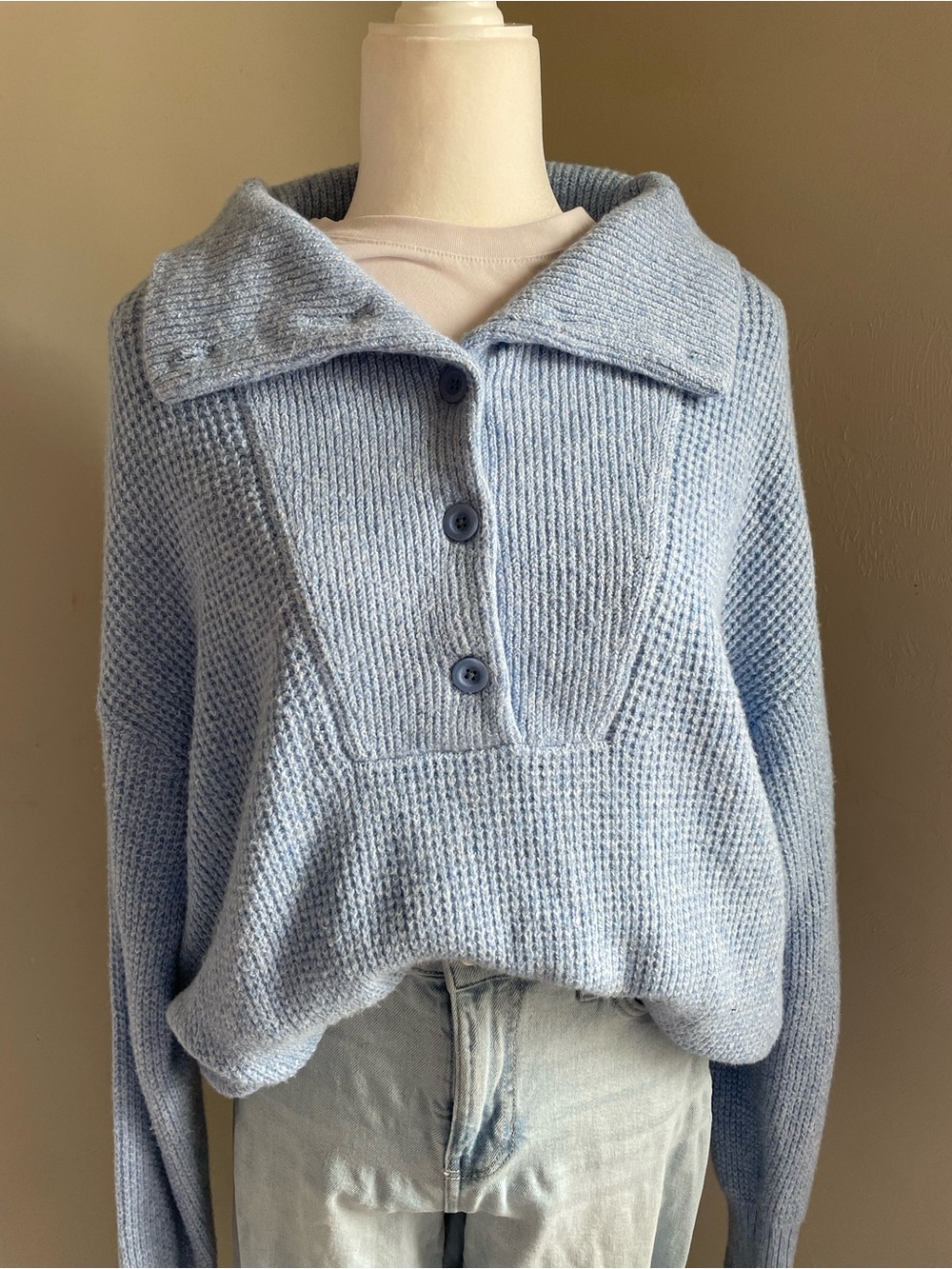 aerie Light Blue Cozy Waffle Knit Button Sweater
